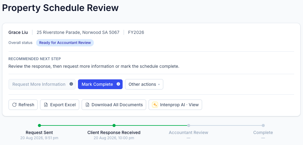 Property Schedule Review showing client, property, financial year, status and next step